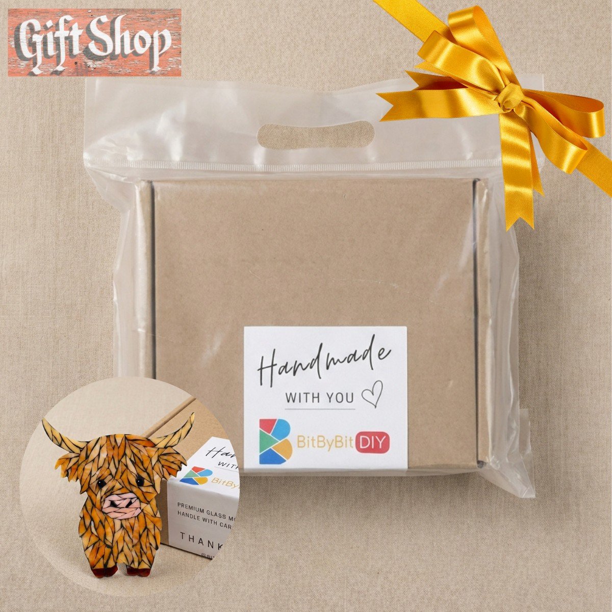 Gentle Highland Cow Mosaic Art Kit | DIY Glass Mosaic Kit, Premium Mica Tile Craft for Adults & Kids, Unique Home Decor Gift