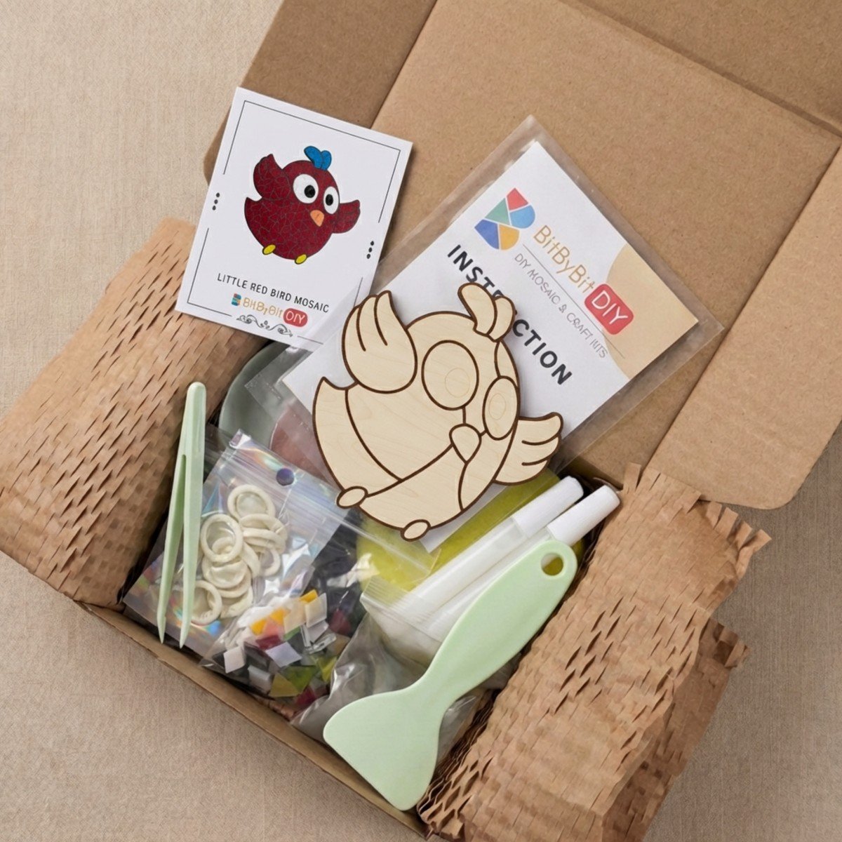 Little Red Bird Mosaic Art Kit | DIY Glass Mosaic Kit, Premium Mica Tile Craft for Adults & Kids, Unique Home Decor Gift